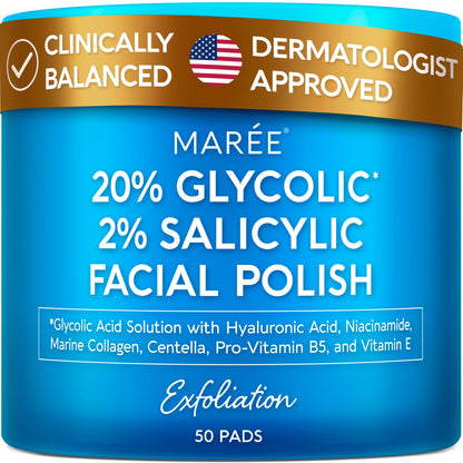 HOTMAREE Glycolic Acid Pads - Toner Pads for Face Cleansing - Exfoliating Pad with Tea Tree Oil, Salicylic Acid & Vitamins E, B3, B5 - Facial Polishes & Peels, Skin Pore Resurfacing & Radiance - 50 Count