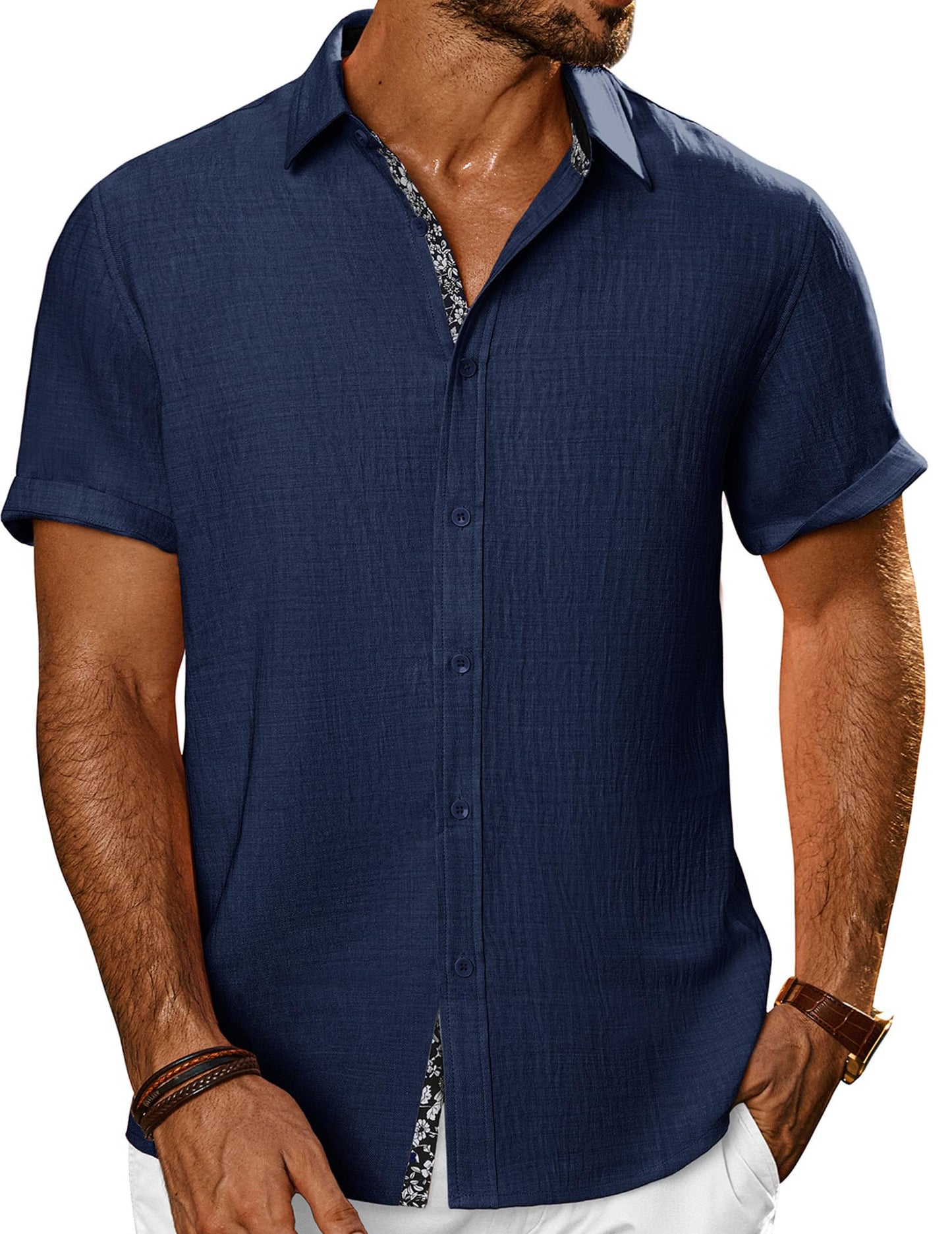HOTPJ PAUL JONES Mens Short Sleeve Button Down Shirts Casual Summer Clothing | Linen Textured, Summer Beach Vacation Tops, Untucked Dress Shirt, Lightweight, Regular Fit, Fashion Resort Wear