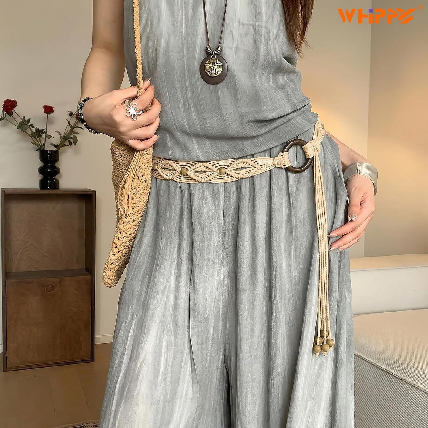 HOTWHIPPY Boho Braided Belt for Women Western Belt With Hand-Woven Wax Rope Country Tassel Belts for Dress, 2" Wide