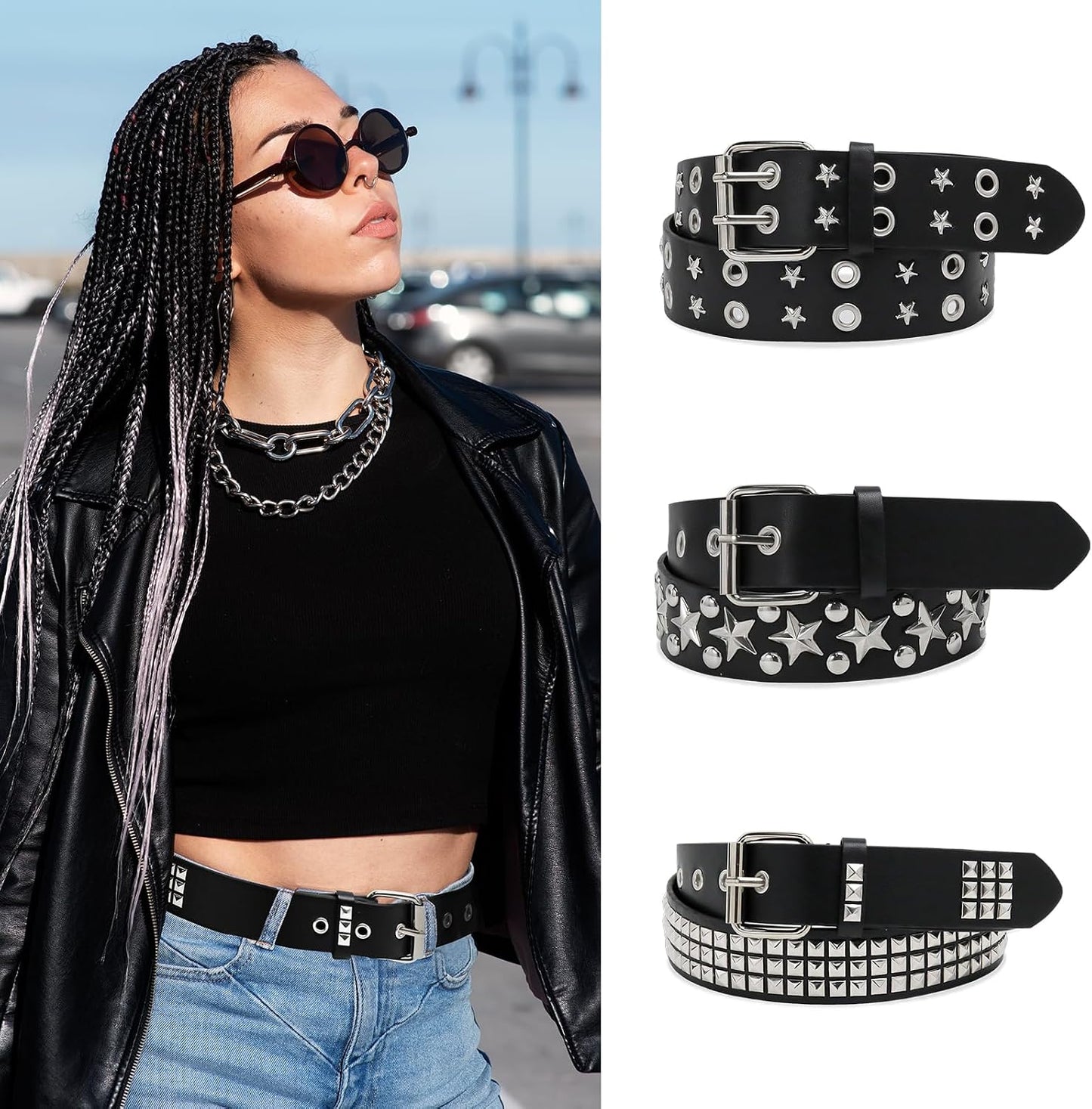 HOT3 Pcs Black Studded Belt Y2K Belt Star Gothic Punk Rock Belts with Grommet Threads Bright Metal Pyramid for Women Men