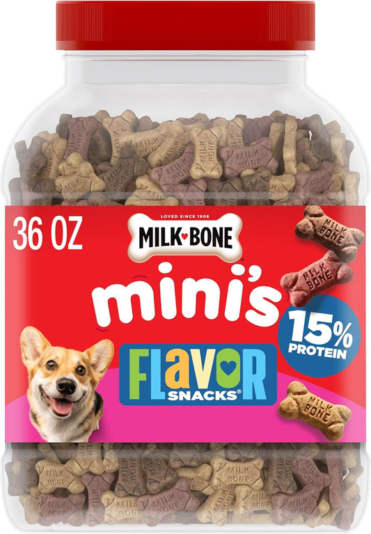 HOTMilk-Bone Flavor Snacks Mini’s Dog Biscuits, Flavored Crunchy Dog Treats, 36 Oz. Canister | 5 calories per treat, 15% protein, 3 flavors per canister (beef, chicken & bacon, naturally & artificially flavored)
