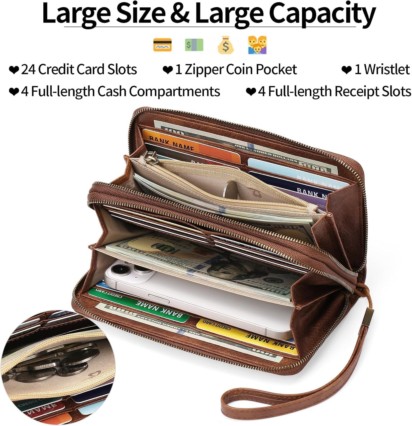 HOTGAEKEAO Wallet for Women Clutch RFID Blocking Wristlet Leather Purse Large Capacity Credit Card Holder with Grip Hand Strap
