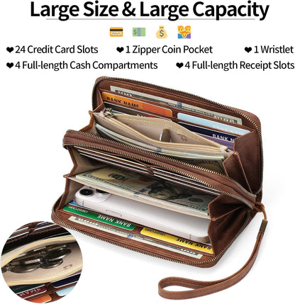 HOTGAEKEAO Wallet for Women Clutch RFID Blocking Wristlet Leather Purse Large Capacity Credit Card Holder with Grip Hand Strap