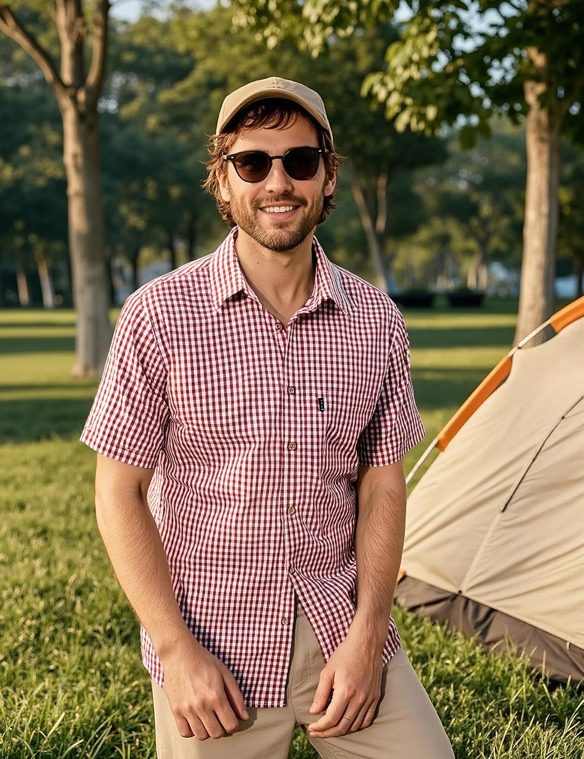 HOTLucMatton Men's Gingham Short Sleeve Button Down Shirt Cotton Regular Fit Plaid Dress Shirts with Pocket