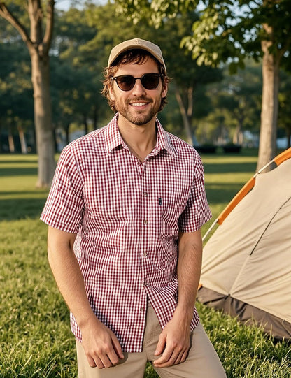 HOTLucMatton Men's Gingham Short Sleeve Button Down Shirt Cotton Regular Fit Plaid Dress Shirts with Pocket
