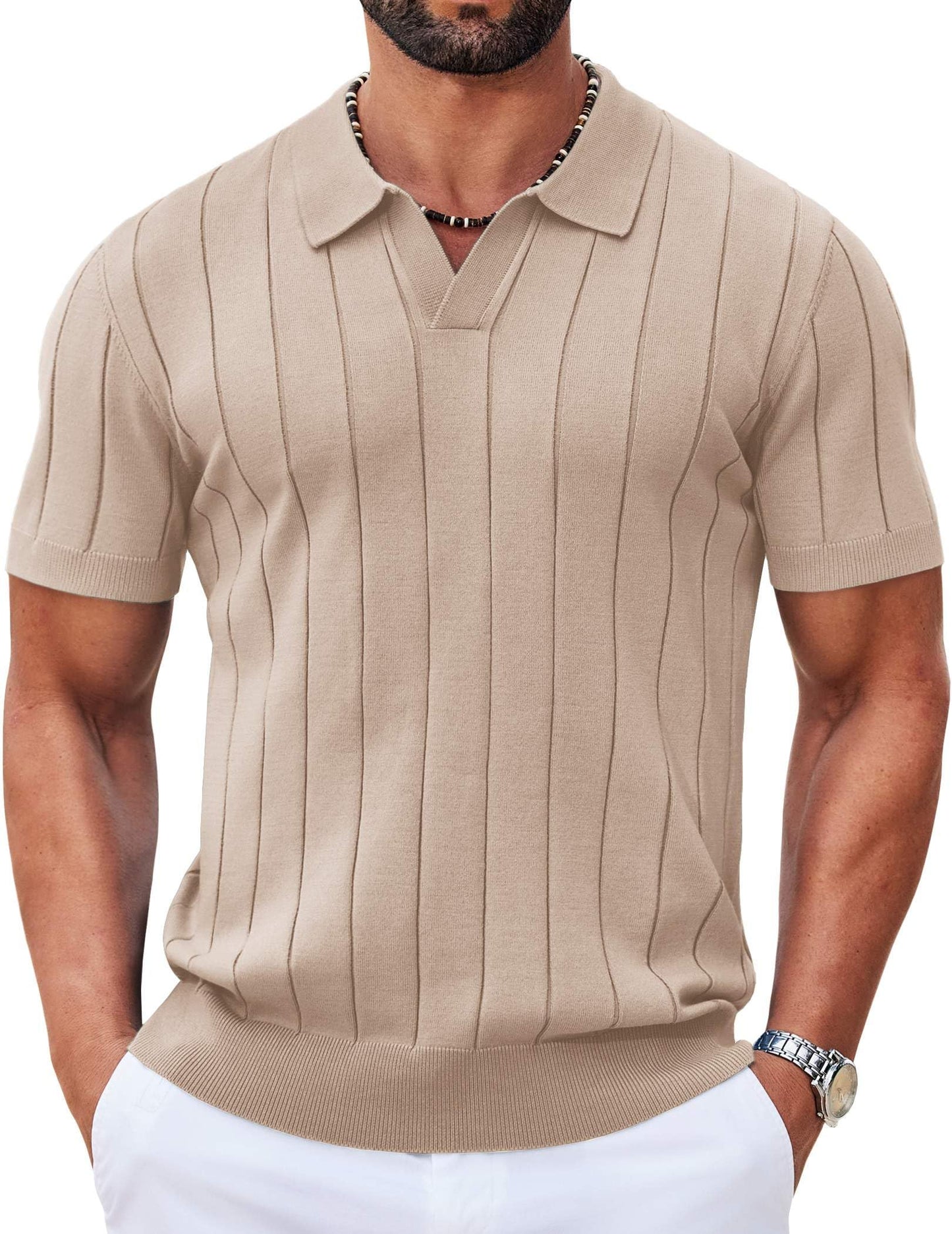 HOTCOOFANDY Mens Polo Shirts Short Sleeve V Neck Knit Shirts for Men Casual Old Money Clothes Mens Golf Shirt