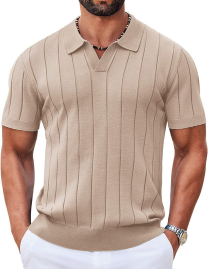 HOTCOOFANDY Mens Polo Shirts Short Sleeve V Neck Knit Shirts for Men Casual Old Money Clothes Mens Golf Shirt