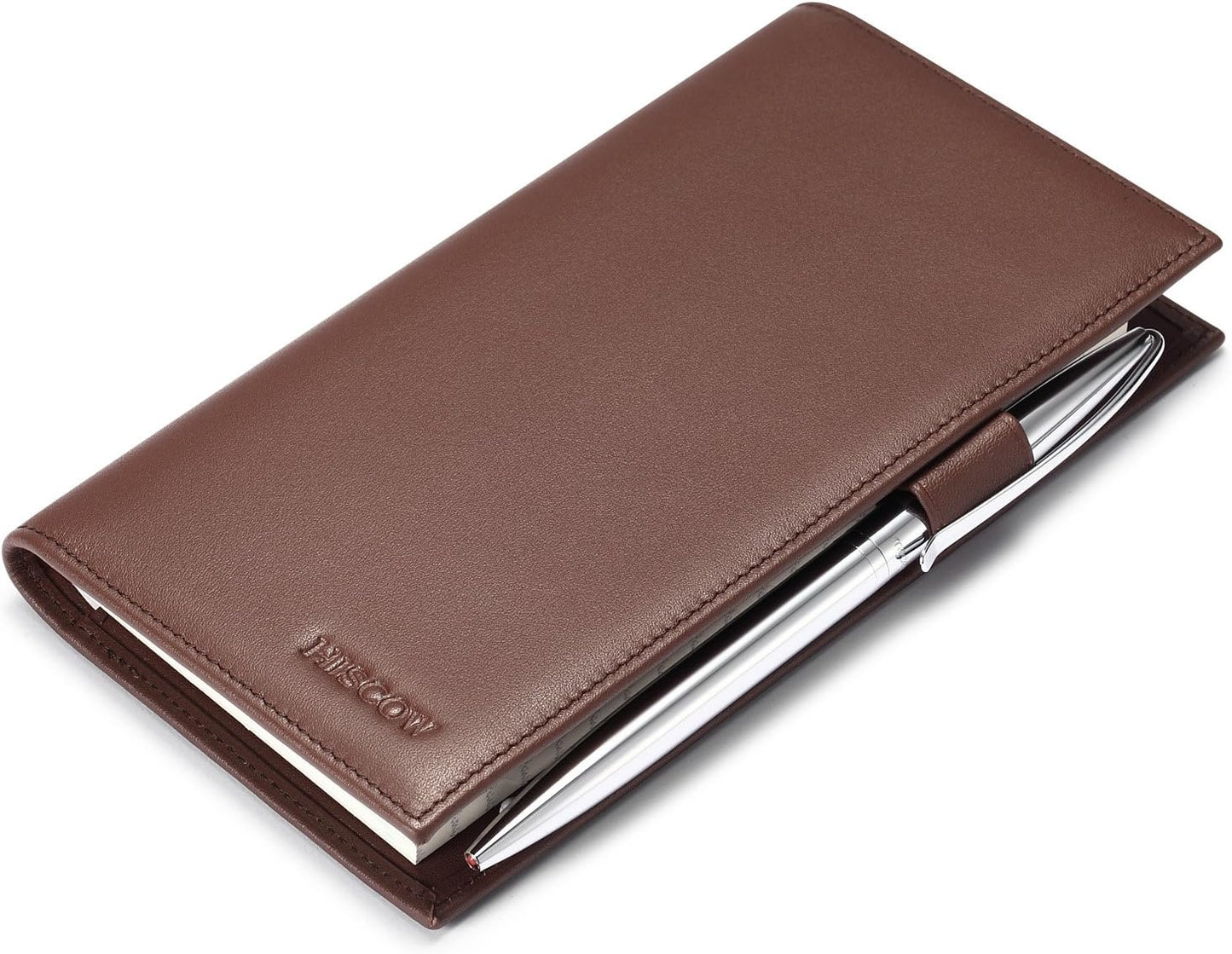 HOTHISCOW Leather Checkbook Cover with Card Slots & Pen Holder, Brown | Full grain cowhide, 5cc & ID window, personal check book & register pockets, removable duplicate divider, gifts for women men