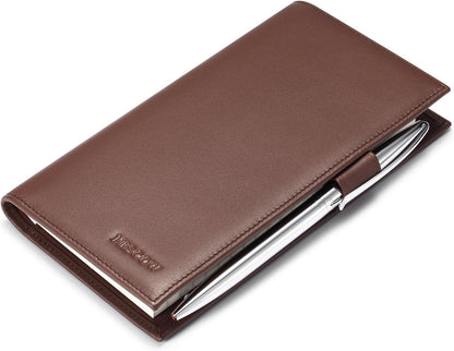 HOTHISCOW Leather Checkbook Cover with Card Slots & Pen Holder, Brown | Full grain cowhide, 5cc & ID window, personal check book & register pockets, removable duplicate divider, gifts for women men