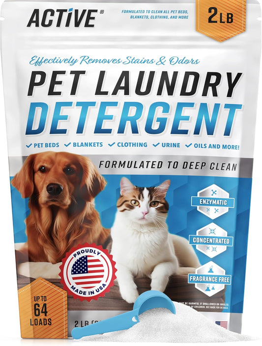 HOTPet Laundry Detergent Odor Remover - ACTIVE Enzyme Based Powder Detergent for Dogs Beds, Cat Pee, HE Washer Friendly Natural Enzymatic Deodorizer, Urine, Smell, Dog Drool, Stain Eliminator - 64 Loads