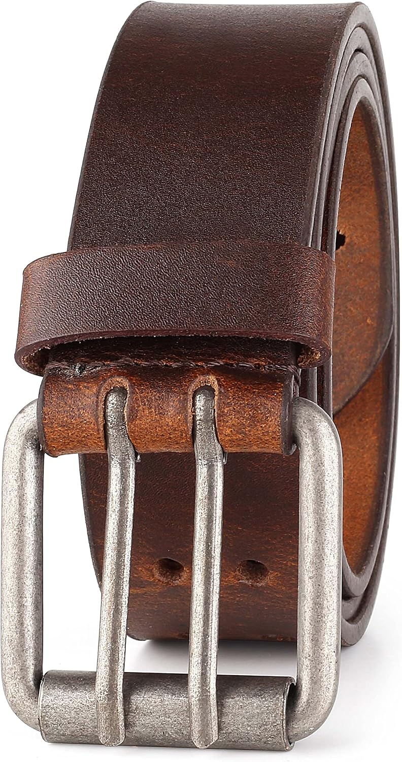 HOTF&L CLASSIC Leather Work Belt, Heavy Duty Double Prong full grain Leather Belts for Men 1 1/2", Mens Casual Belts for Jeans