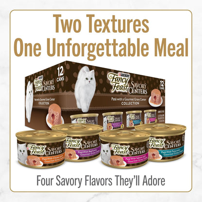 HOTPurina Fancy Feast Savory Centers Wet Cat Food Pate Variety Pack With Chicken, Salmon, Beef, and Tuna Pate with Gravy Center - (2 Packs of 12) 3 oz. Pull-Top Cans