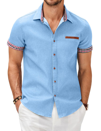 HOTCOOFANDY Men's Cotton Casual Short Sleeve Button Down Shirt Plaid Collar Denim Work Shirts