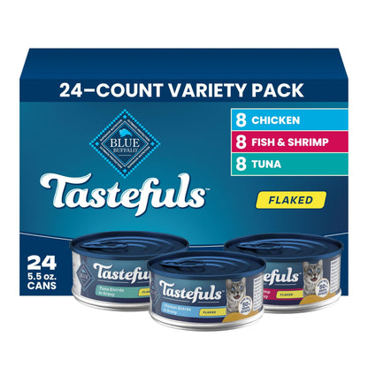 HOTBlue Buffalo Tastefuls Flaked Adult Wet Cat Food Variety Pack (Tuna, Chicken, Fish & Shrimp), Natural Ingredients Enhanced with Vitamins, Minerals & Other Nutrients, 3-oz. Each (12 Cans)