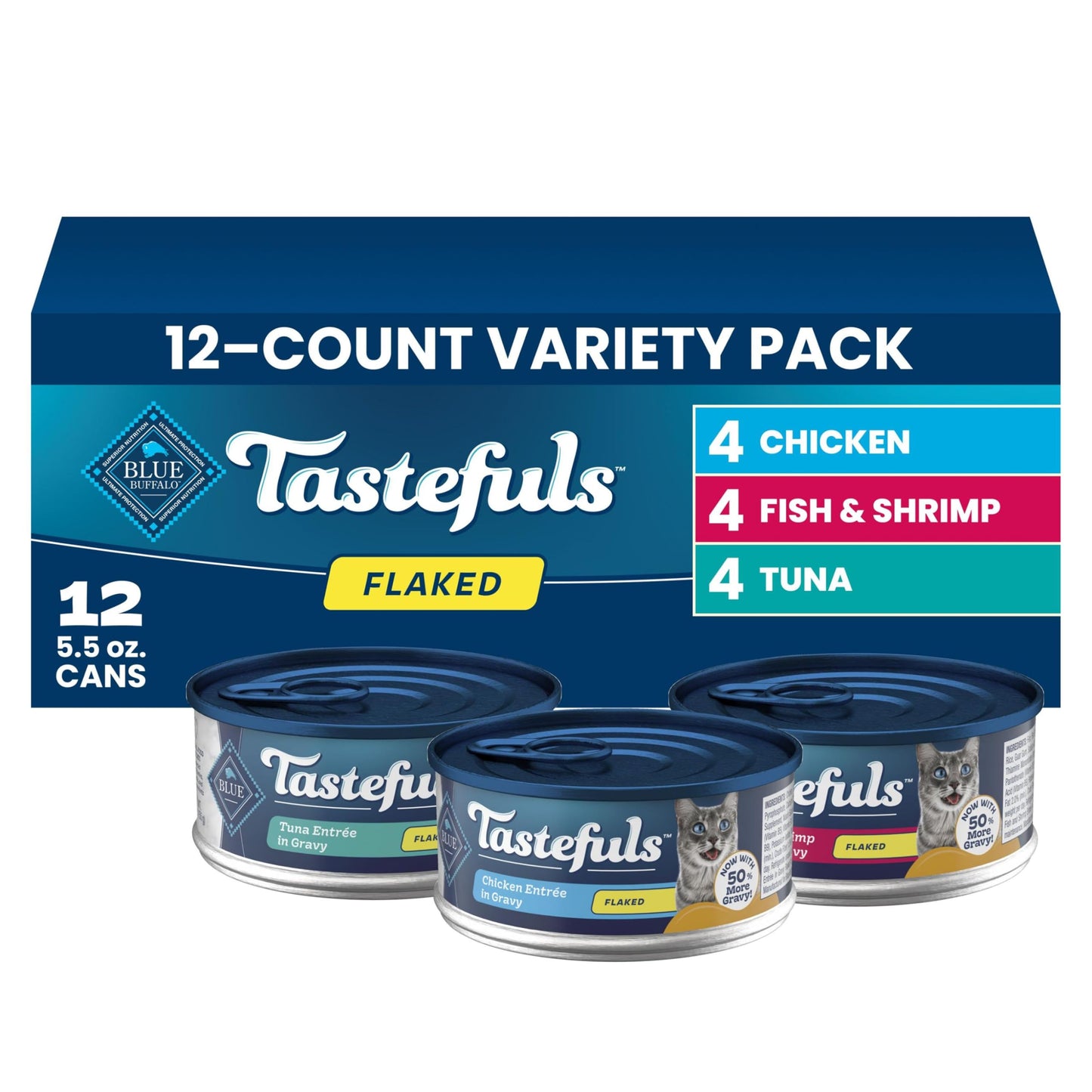 HOTBlue Buffalo Tastefuls Flaked Adult Wet Cat Food Variety Pack (Tuna, Chicken, Fish & Shrimp), Natural Ingredients Enhanced with Vitamins, Minerals & Other Nutrients, 3-oz. Each (12 Cans)