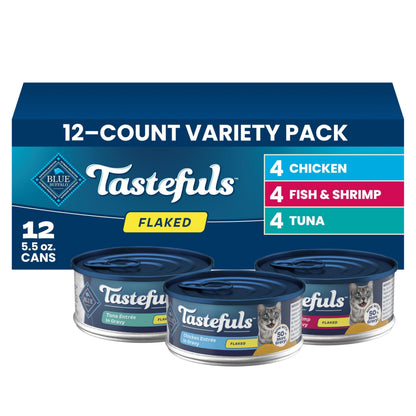 HOTBlue Buffalo Tastefuls Flaked Adult Wet Cat Food Variety Pack (Tuna, Chicken, Fish & Shrimp), Natural Ingredients Enhanced with Vitamins, Minerals & Other Nutrients, 3-oz. Each (12 Cans)