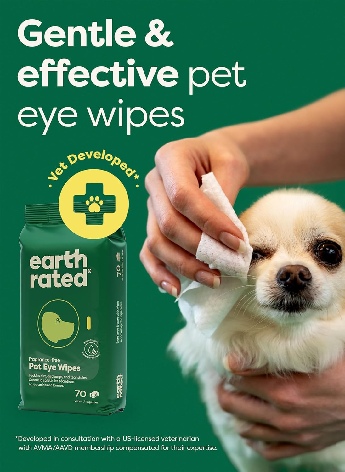 HOTearth rated Vet-Developed Dog Eye Wipes, Hypoallergenic Pet Wipes for Dogs & Cats to Remove Dirt & Discharge, Fragrance Free, 70 Count