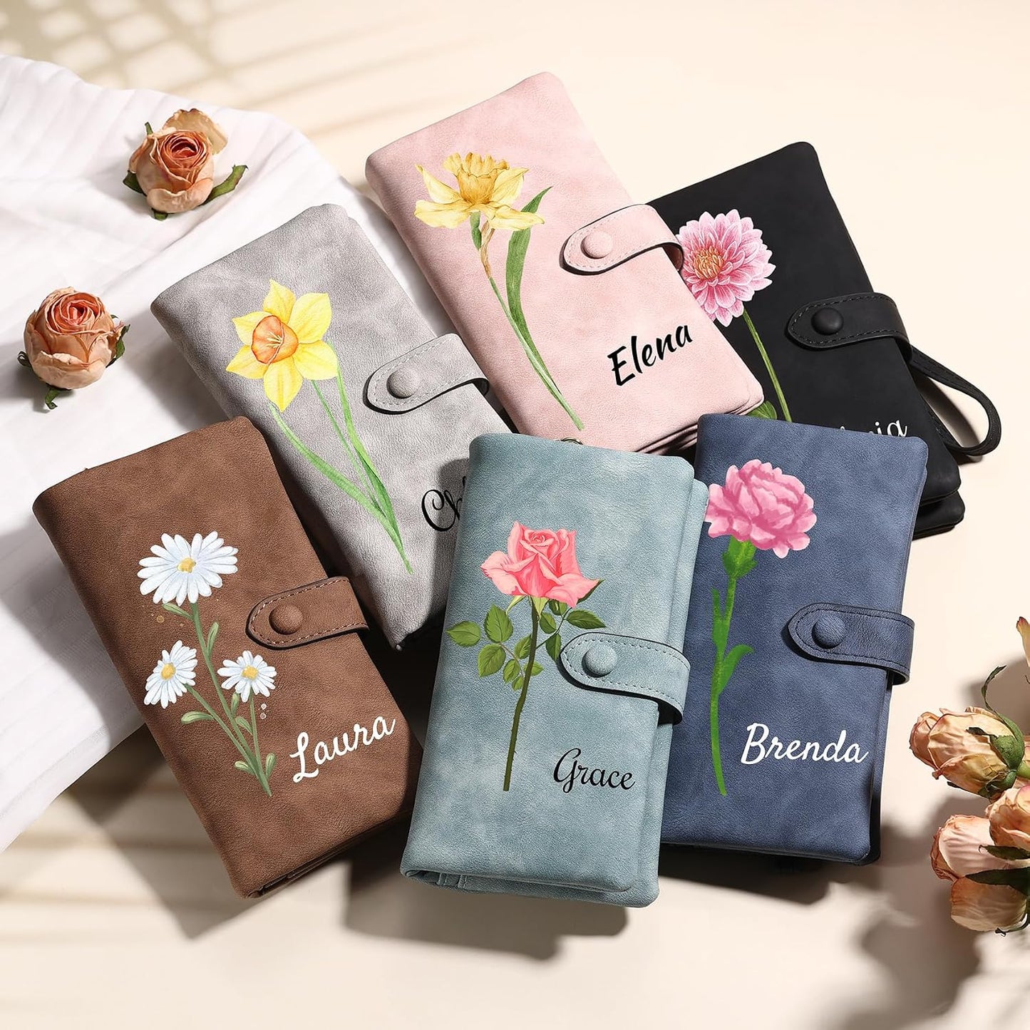 HOTMMXX Personalized Floral Wallet for Women PU Leather Wallet Wristlet with Birth Flower and Name Large Capacity Floral Purse Birthday Gifts for Mom Wife Girlfriend (A1)