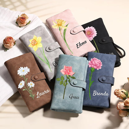 HOTMMXX Personalized Floral Wallet for Women PU Leather Wallet Wristlet with Birth Flower and Name Large Capacity Floral Purse Birthday Gifts for Mom Wife Girlfriend (A1)