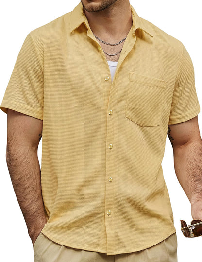 HOTVATPAVE Mens Casual Waffle Shirt Short Sleeve Button Down Summer Shirts | Beach, Untucked, Camp, Daily, Work, Family Photo, Old Money, Vacation, Collared, Wedding, Date, Cruise, Going Out, Pocket
