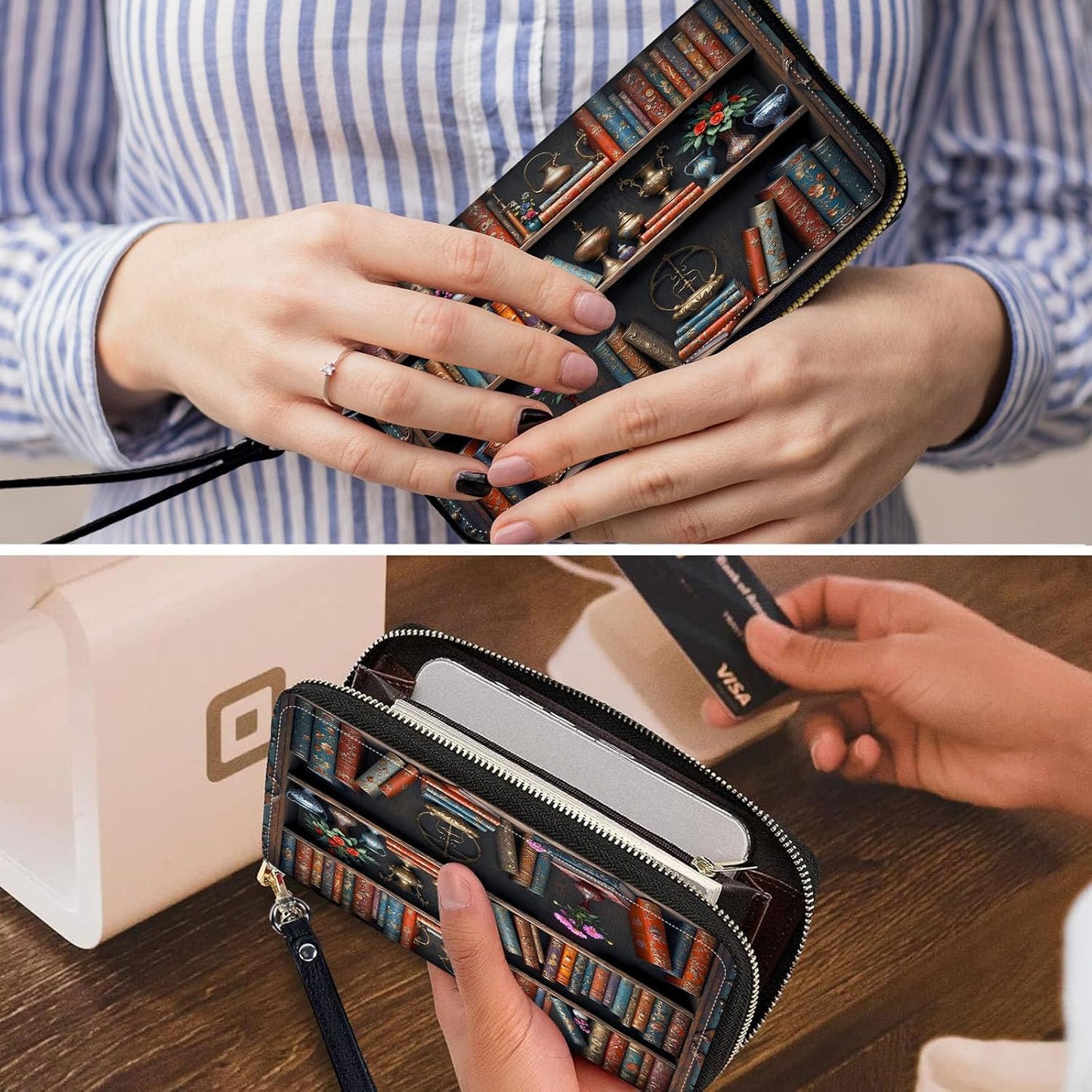 HOTWristlet Wallets for Women,Ladies Women's Wallet,Clutch Purses for Female Leather Large Capacity Credit Card Holder with Zipper Slim Cute Coin Pocket,RFID Blocking,Vintage Bookshelf