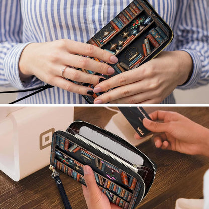 HOTWristlet Wallets for Women,Ladies Women's Wallet,Clutch Purses for Female Leather Large Capacity Credit Card Holder with Zipper Slim Cute Coin Pocket,RFID Blocking,Vintage Bookshelf