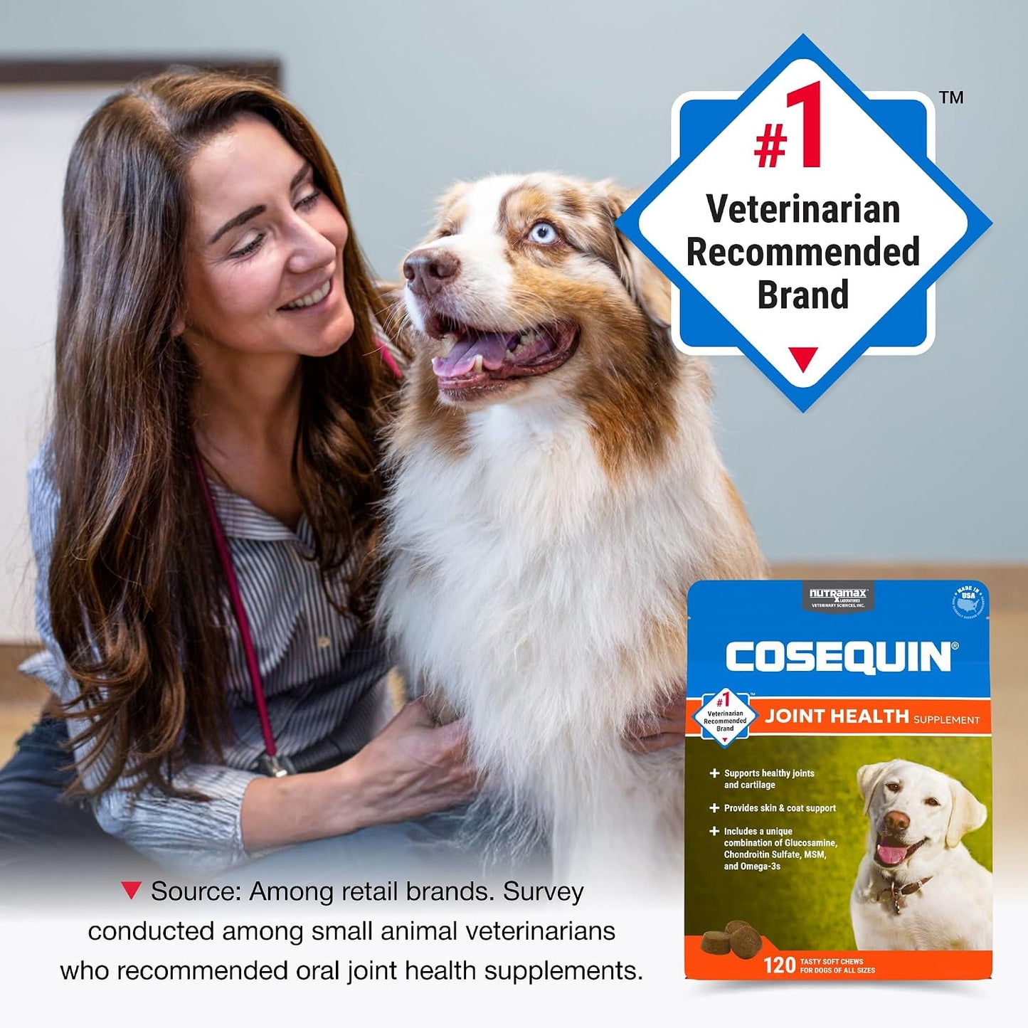 HOTNutramax Cosequin Joint Supplement for Dogs, Skin & Coat, Soft Chews,120ct | Glucosamine & Chondroitin for Dogs with MSM, Omega-3s, Supports Joints, Skin and Coat Health, All Ages & Sizes
