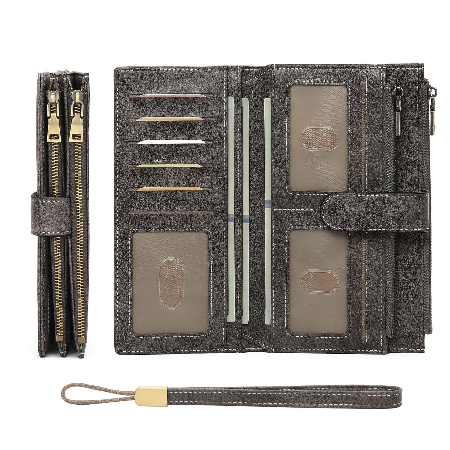 HOTGOIACII Large Wallet for Women Leather Wristlet Brown | RFID Blocking, Multi-card Slots, Detachable Wrist Strap, Trifold Clutch Purse