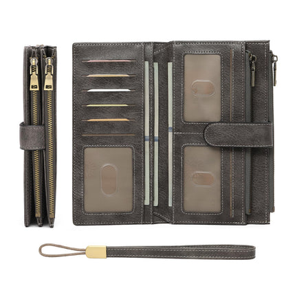 HOTGOIACII Large Wallet for Women Leather Wristlet Brown | RFID Blocking, Multi-card Slots, Detachable Wrist Strap, Trifold Clutch Purse