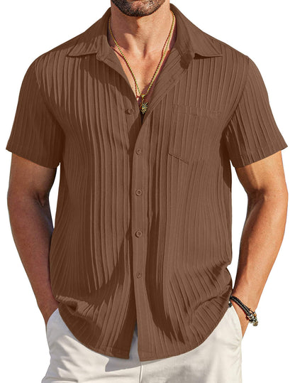 HOTCOOFANDY Men's Casual Button Down Shirts Short Sleeve Textured Summer Beach Shirt with Pocket