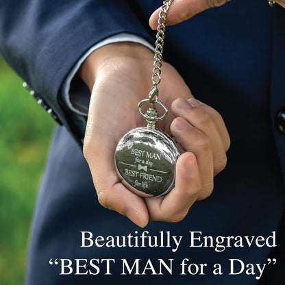 HOTFJ FREDERICK JAMES Wedding Pocket Watches for Groomsman, Best Man, Groom, Father of The Bride & Groom I Silver Engraved I Complete Their Wedding Attire
