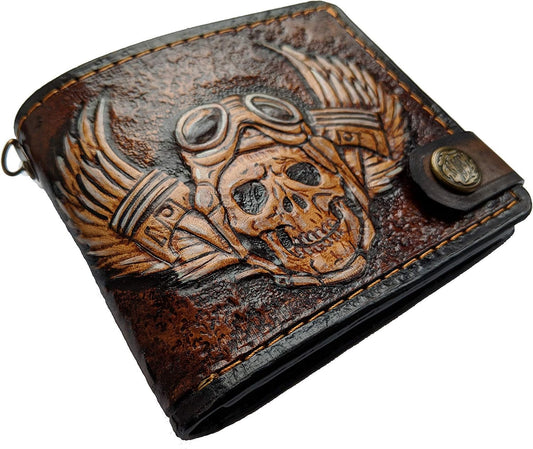 HOTMen's 3D Genuine Leather Wallet, Hand-Carved, Hand-Painted, Leather Carving, Custom wallet, Personalized wallet, Bike wallet, Skull and Wings wallet, Biker wallet