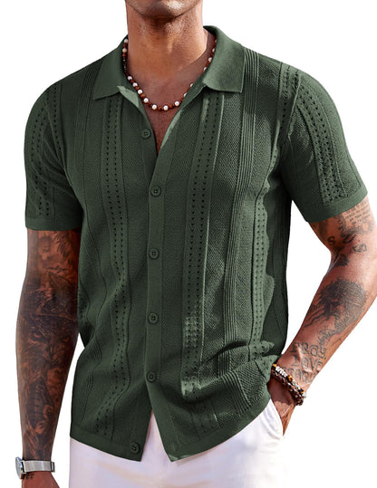 HOTCOOFANDY Men's Knit Shirts Short Sleeve Button Down Polo Shirt Fashion Casual Summer Beach Shirts