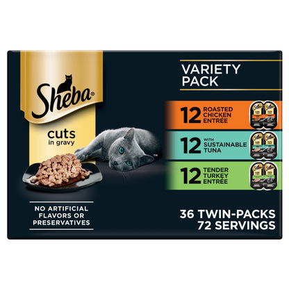 HOTSheba Perfect Portions Cuts Wet Cat Food, Chicken & Turkey, 2.6 oz, 12 ct | Grain-free, Roasted Chicken & Tender Turkey, adult cat food, protein-rich, no fillers or artificial flavors, twin-pack trays