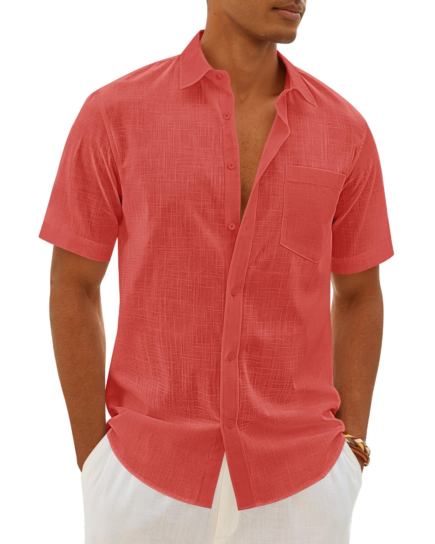 HOTMens Linen Textured Shirt Cotton Short Sleeve Summer Button Down Shirts | 100% Cotton, Linen-look Texture, Casual Wear, Breathable Feel, Lightweight, Untucked, Regular Fit, Beach, Vacation, Resort