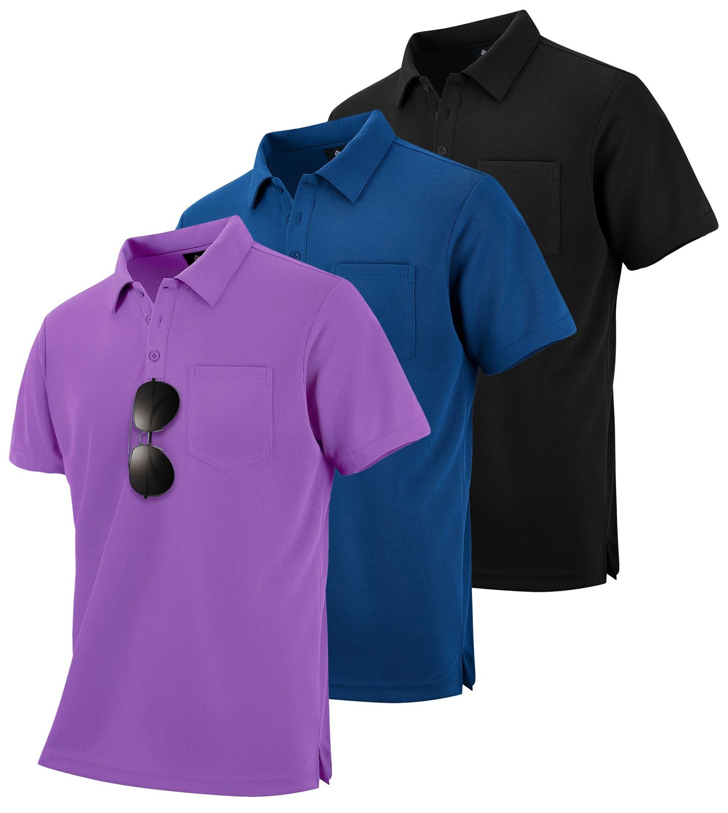 HOTZITY Men's 3 Pack Polo Shirts Short Sleeve with Pocket Moisture Wicking Casual Work Golf Lightweight Collared T-Shirts