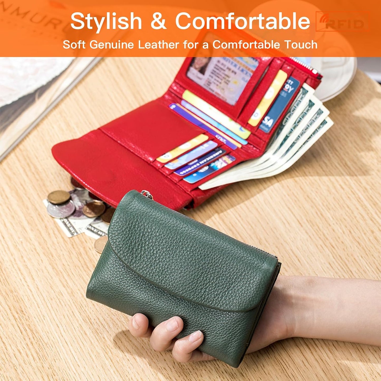 HOTGenuine Leather Wallet for women, RFID Blocking Soft Leather Bifold Compact Card Holder Wallet with Zipper Coin Pocket ID Window (Green)