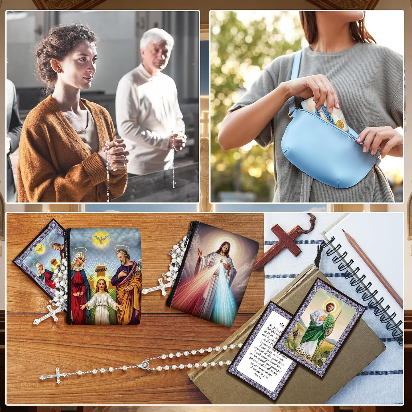 HOTQuelay 30 Pcs Catholic Rosary Pouch with Rosary Beads Necklace and Saint Prayer Cards Set Catholic Prayer Beads Bag with Zipper for Party Religious First Communion Christian Gifts