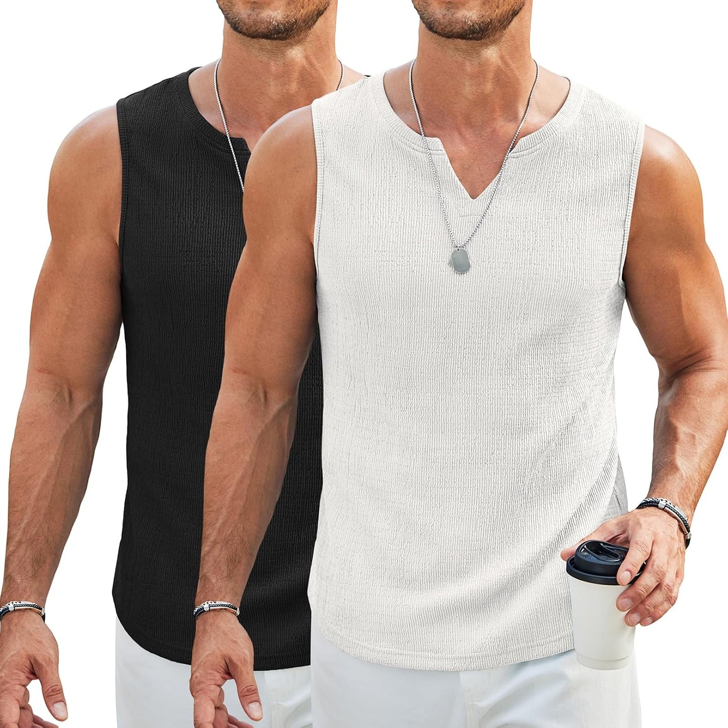 HOTCOOFANDY Men's Casual Tank Tops Knit V Neck Sleeveless T Shirts 2 Pack Summer Beach Lightweight Muscle Tee