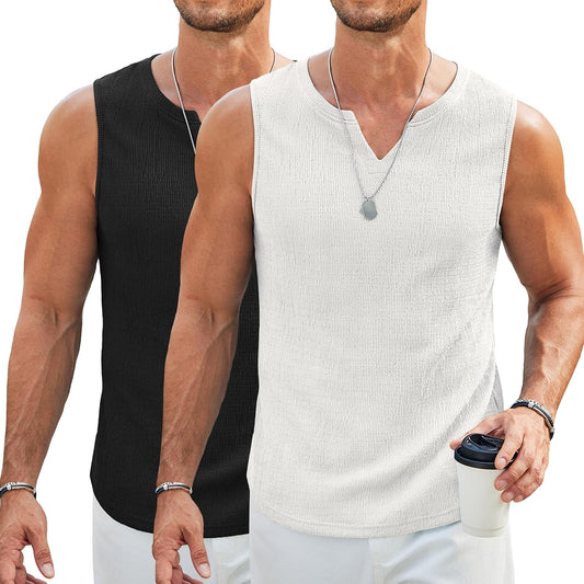 HOTCOOFANDY Men's Casual Tank Tops Knit V Neck Sleeveless T Shirts 2 Pack Summer Beach Lightweight Muscle Tee