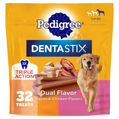 HOTPedigree Dentastix Large Breed Dog Dental Treats, Original, 40 Count | Triple action dental care, reduces tartar, cleans teeth, freshens breath, for dogs 40+ lbs, no added sugar/fillers