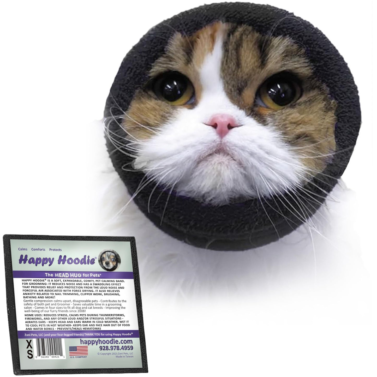 HOTHappy Hoodie The Original Dog & Cat Calming Band - American Brand - Anxiety Relief/Noise Protection - Grooming - Thunder - Fireworks (Black) - Since 2008, Large (Pack of 2)