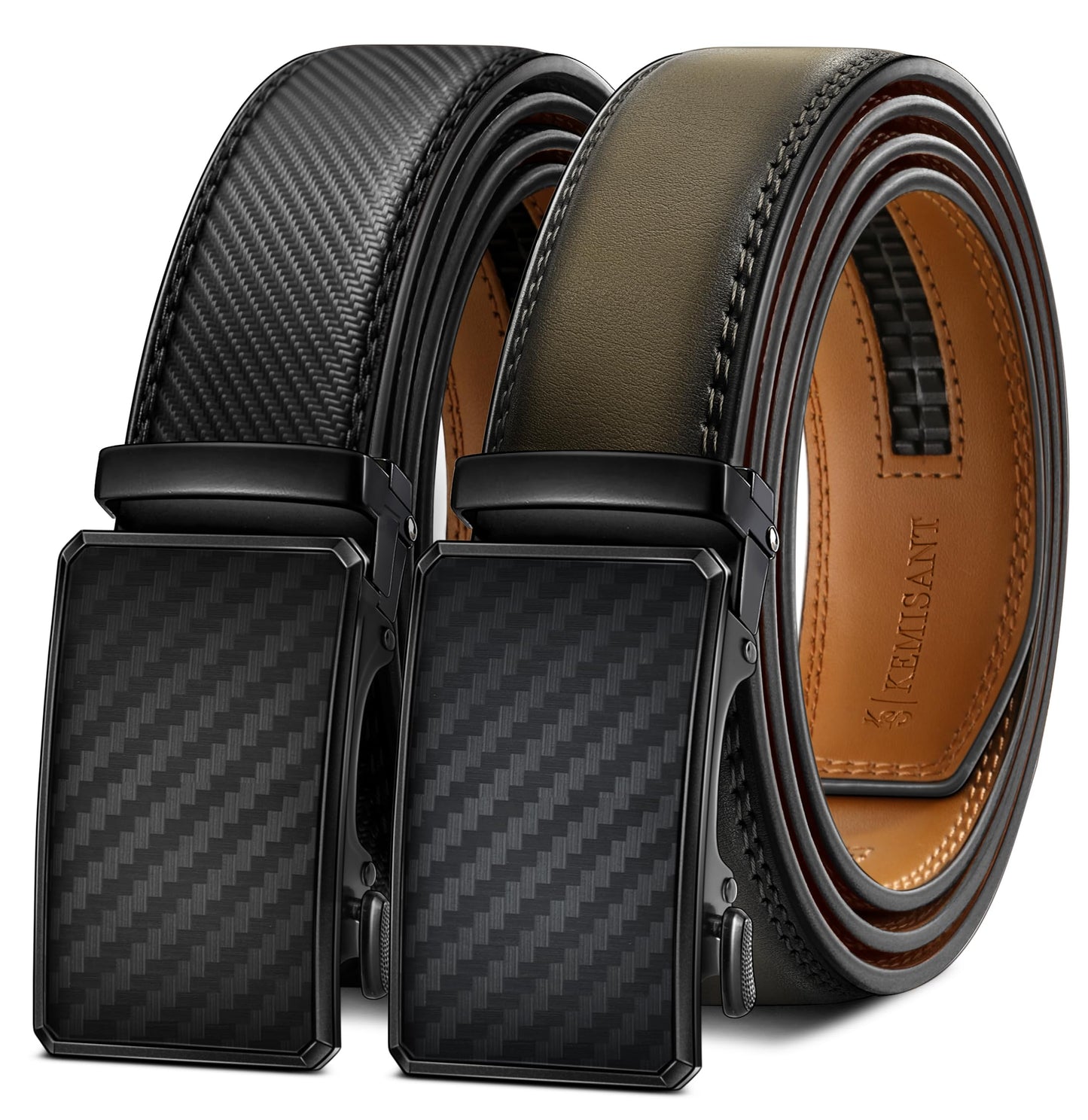 HOTKEMISANT Men's Ratchet Leather Belt 2Pack-Trimmable 1 3/8“-Gift Boxed | Smooth Sliding | Micro Adjustable Fit | Tailored Size | Holeless Understated Elegance