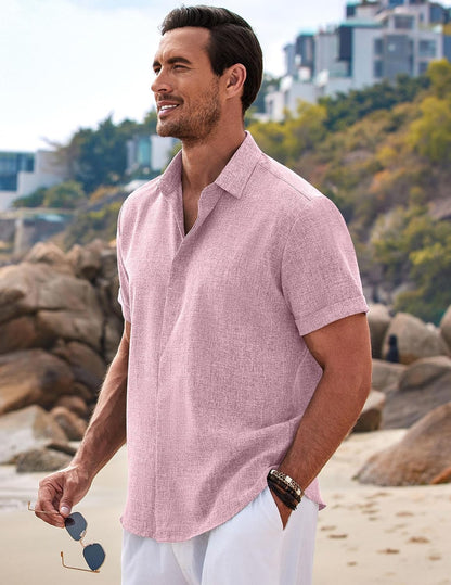 HOTCOOFANDY Men's Linen Shirts Short Sleeve Casual Shirts Button Down Shirt for Men Beach Summer Wedding Shirt