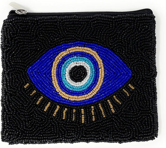 HOTTWINE AND LOVE Evil Eye Beaded Pouch Purse, Black Beaded Coin Purse, Coin Pouch Small Wallets Card Holder Bag, Evil Eye Card Case Wallet, Birthday Gift, CP0494