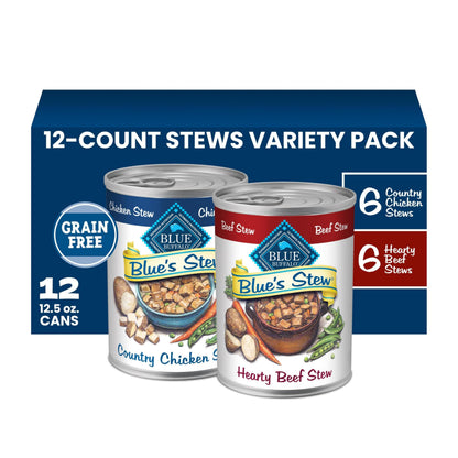 HOTBlue Buffalo Blue’s Stew Variety Pack Hearty Beef & Country Chicken Stew Natural Grain Free Wet Dog Food with Real Meat in Thick Savory Gravy, Natural Ingredients, 12.5-oz Cans (6 Count)