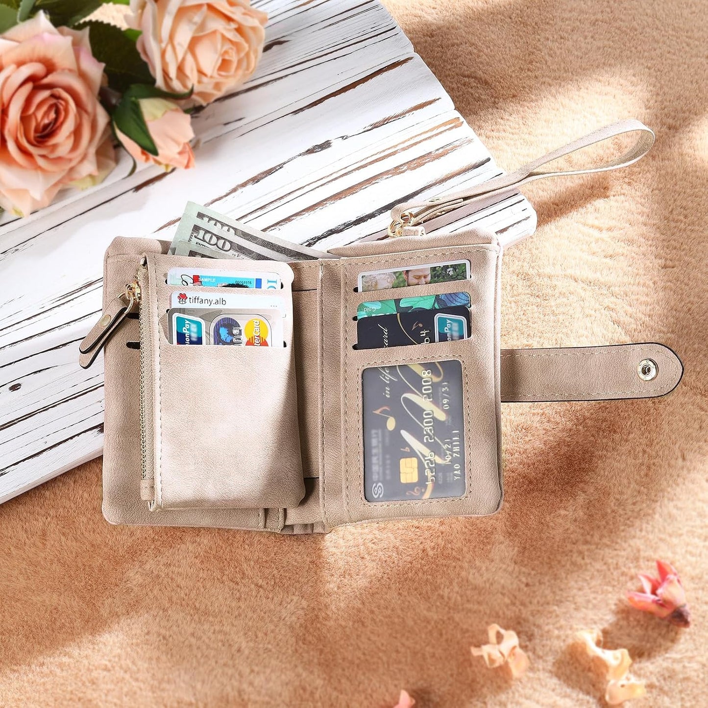 HOTPersonalized Custom Wallet with Name & Birth Flower for Women Multi Credit Card Wallet With Wrist Strap Birthday Gifts for Mom Mothers Day (Pink)