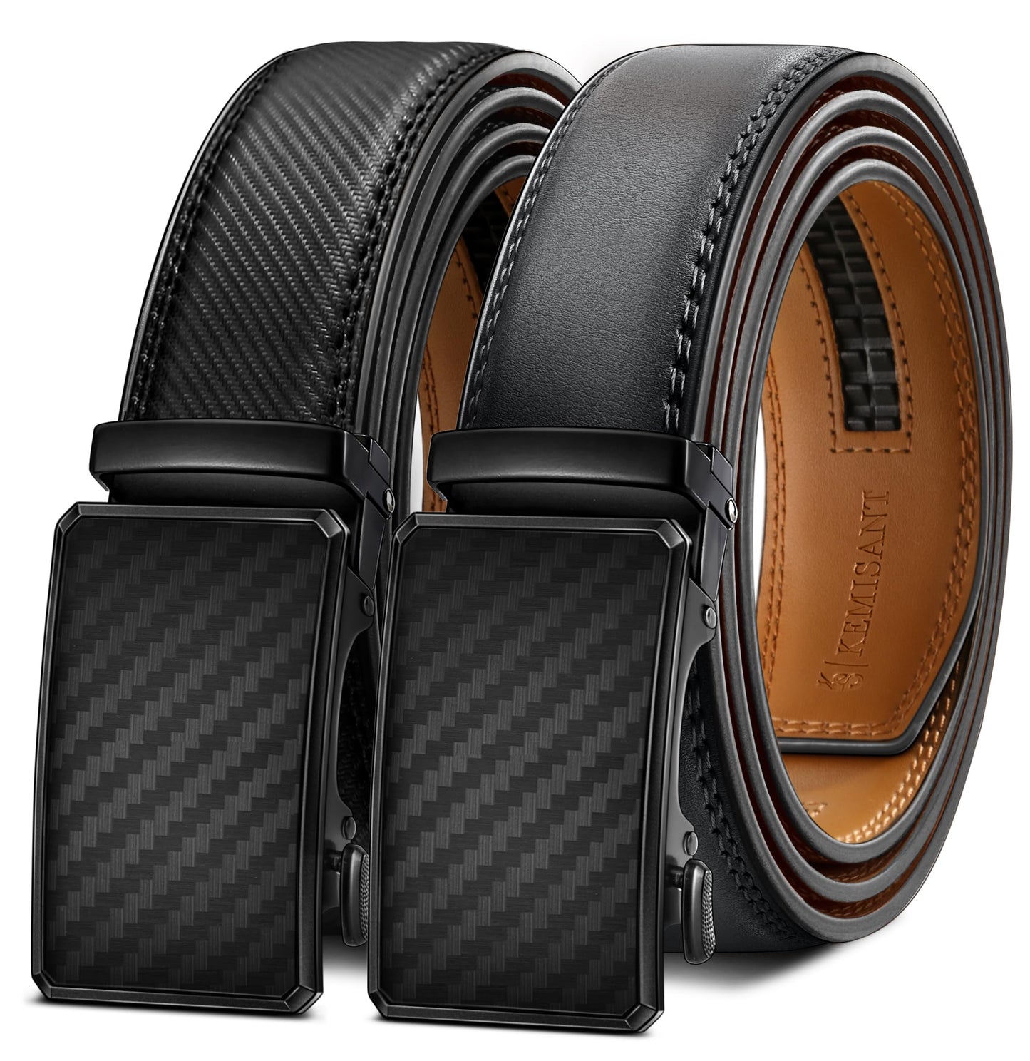 HOTKEMISANT Men's Ratchet Leather Belt 2Pack-Trimmable 1 3/8“-Gift Boxed | Smooth Sliding | Micro Adjustable Fit | Tailored Size | Holeless Understated Elegance