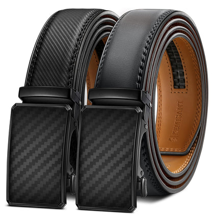 HOTKEMISANT Men's Ratchet Leather Belt 2Pack-Trimmable 1 3/8“-Gift Boxed | Smooth Sliding | Micro Adjustable Fit | Tailored Size | Holeless Understated Elegance