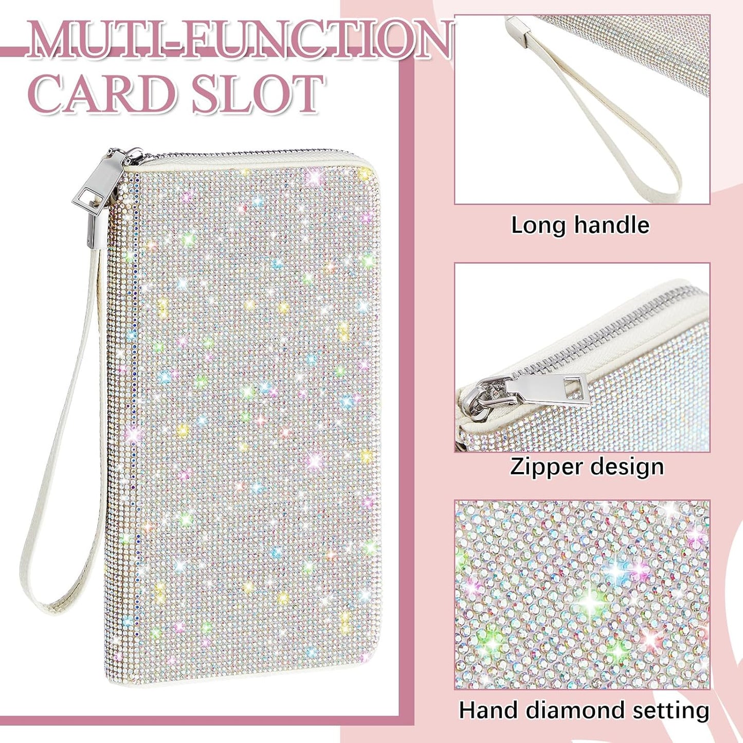 HOTMotiMind Silver Bling Gift Glitter Sparkly Wallet for Women Rhinestone/Pearl Wallet RFID Blocking Phone Purse Gifts for Mother's Day (Rhinestones)